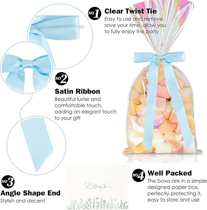 50 PCs Blue Bow Decor 5.5'' Satin Bows with Long Tail, Twist Tie Bows for Craft, Packaging Ribbon Bows, Premade Bows for Cake Decorating, Gift Bows for Treat, Wedding Favor, Party