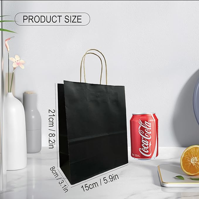 100 Pack Medium 5.9x3.1x8.25Inch Black Kraft Paper Gift Bags with Handles for Bulk Shopping, Retail, Craft, Party Favors, Wedding, Grocery & Sacks