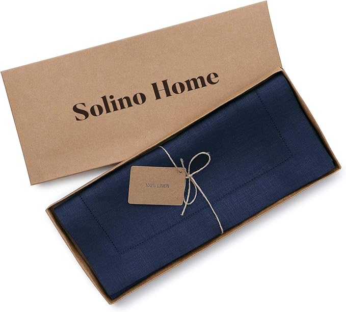 Solino Home Linen Navy Blue Table Runner 108 Inches Long - 100% Pure Linen 14 x 108 Inch Table Runner for Fall, Autumn, Thanksgiving, Christmas - Classic Hemstitch