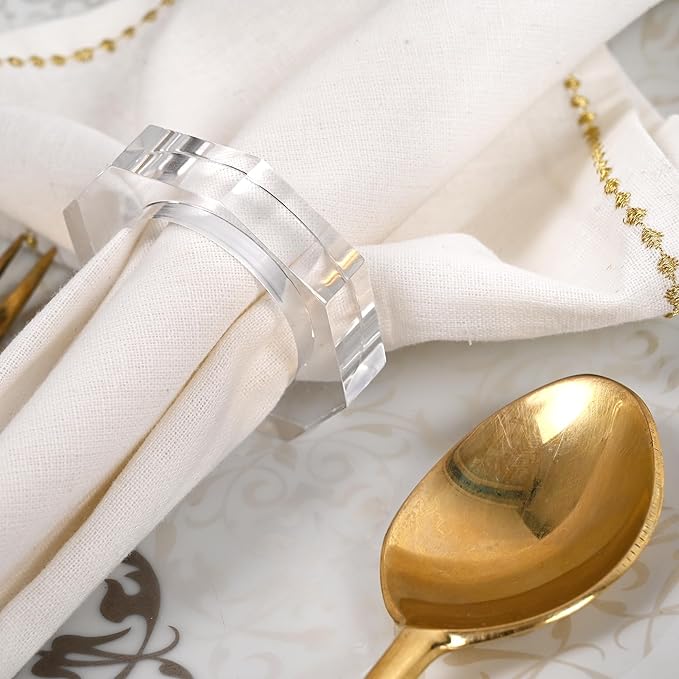 Acrylic Napkin Rings Set of 12 - Octagon Transparent Design for Christmas, Thanksgiving, Holiday Table Decor - Durable Crystal Napkin Holders for Dinner Parties & Everyday Use (Opaque)- CLEENTABLE