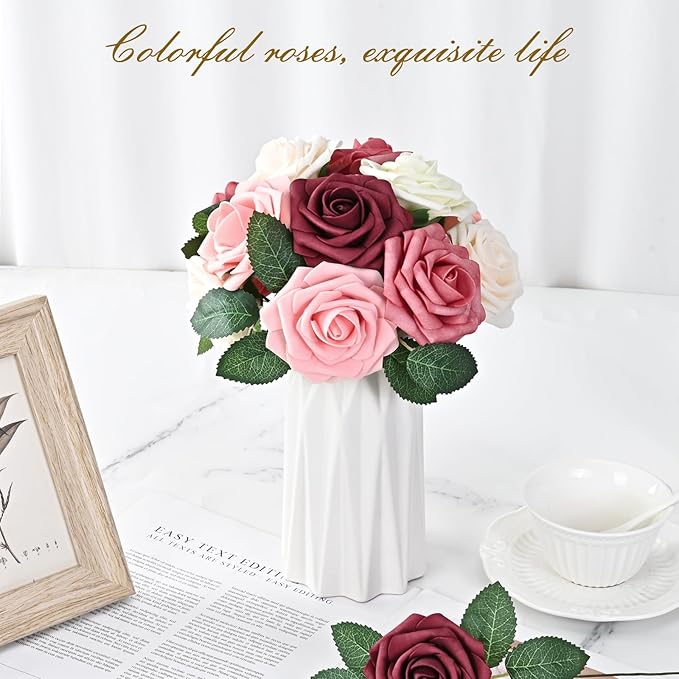 BLEUM CADE 16Pcs Artificial Flowers Fake Roses with Stems, Gradient Burgundy Boxed Foam Roses for DIY Bouquets Centerpieces Wedding Party Arrangement Bridal Shower Decor