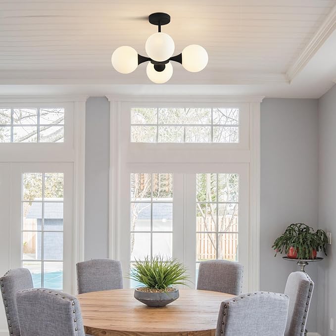 KCO Lighting Mid Century Modern Semi Flush Mount Ceiling Light Fixture Farmhouse Black Globe Sputnik Chandelier Ceiling Light 4-Light Milk Glass Hallway Ceiling Light