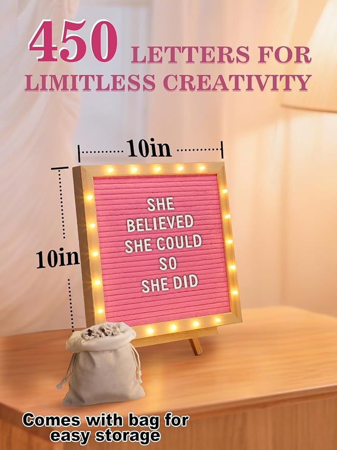 Light up Changeable Felt Letter Board Sign with LED Lights - 10×10" Message Board& Wood Stand& 450 Letters, for Halloween/Birthday/Event/Pregnancy/Baby Announcement/Home Wall Decor Girls Gifts, Pink