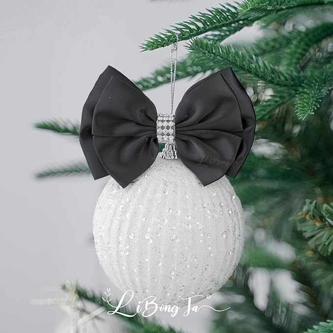 Black Satin Bows 4'' Premade Black Ribbon Bows, Gift Bows with Rhinestone, Wrapping Bows for Presents, Greeting Cards, Treat Bags, Wine Bottles, Valentines Bows for Gift Wrapping-12 Counts