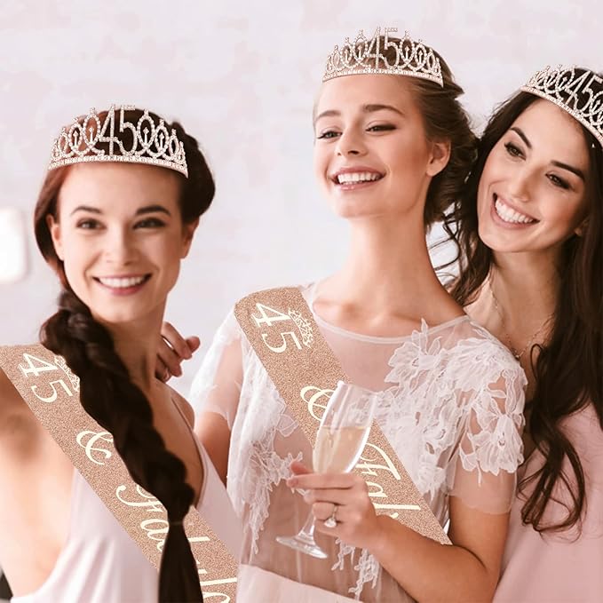 45 Birthday Decorations for Women Including Birthday Sash and Tiara, Cake Topper and Candles, 45 Year Old Gifts for Women, Rose Gold Party Decor Supplies