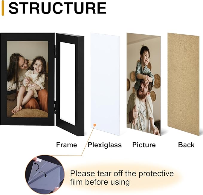 decorUhome Double 4x6 Picture Frame Vertical, Engineered Wood Bifold Photo Frame with Plexiglass for Tabletop Display, 4x6, Black