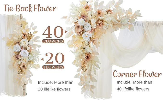 Wedding Arch Flowers with Drapes Kit (Pack of 4) - 2pcs Artificial Beige Deluxe Swag with 2pcs Sheer Drapes for Wedding Ceremony Arbor Reception Backdrop Rose Floral Decoration