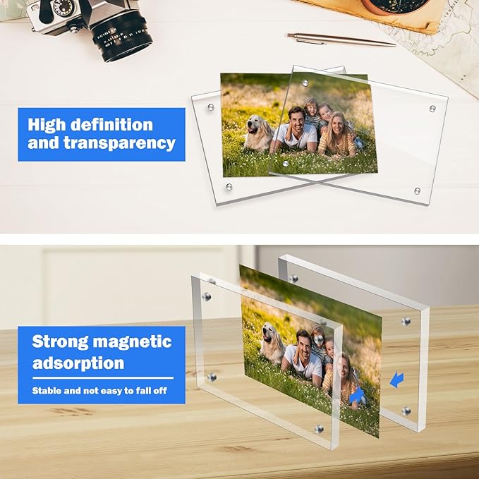 Small 4×4 Inches Acrylic Picture Frame(3 Pack)，Clear Magnetic Picture Frame for Wedding，Double Sided Frameless Photo Frame for Desktop Free Standing， Display Stand Acrylic Frame