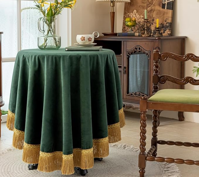 F-CHU Luxury Green Tablecloth Thickset Velvet Tablecloth with Beautiful Gold Tassels Vintage Table Cloth for Home Decor Wedding, Party, Banquet and Events 48" Round