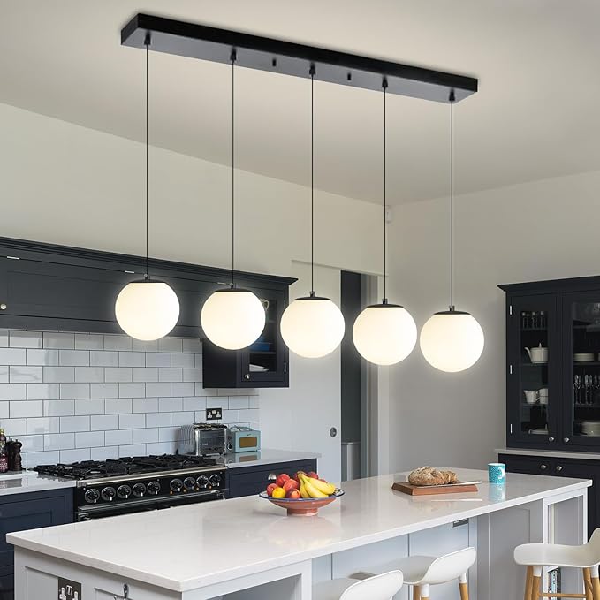 5-Lights Globe Pendant Light for Kitchen Island H 98" Black Rectangle Chandelier Milk White Glass Pendant Lighting for Living Room Bedroom Entryway