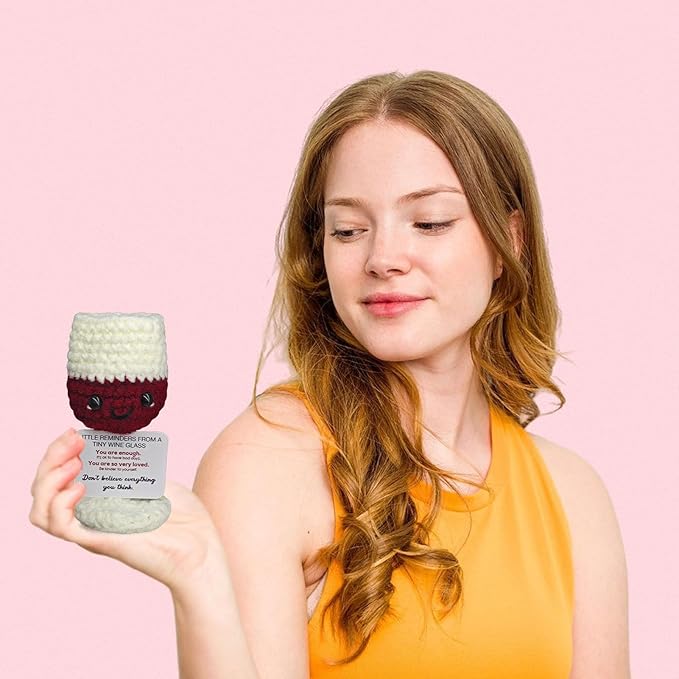 Mini Wine Glasses,Funny Emotional Support Crochet Glass Birthday Gift for Wine Lovers,Cute Home Bar Decoration for WineNight Unique Happy Hour Accessory,Wineglass Gift for Men Women Drinkers