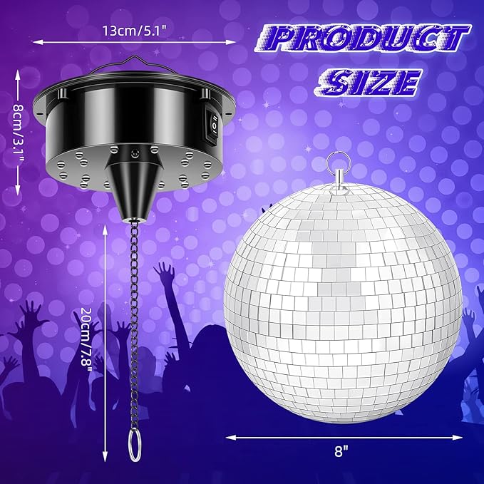 Disco Ball with Motor and Light, 8" Hanging Mirror Ball and 6RPM Batteries Powered Rotating Motor with 4 Light Colors and 18 LEDs for Disco Party Decoration, DJ Club