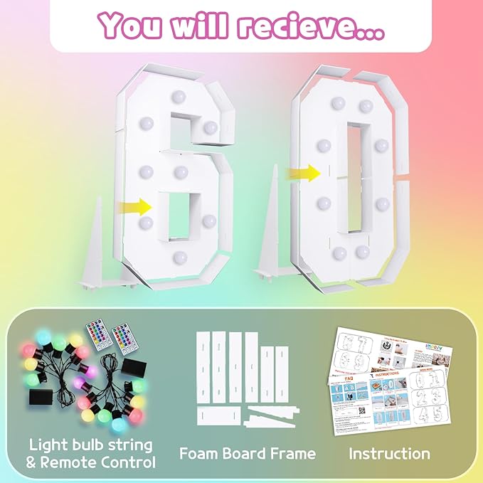 Marquee Numbers 60th-Birthday Decoration: Colorful 3FT Large Light Up 60 Year Old Birthday Decorations Anniversary Backdrop for Boys Girls Cardboard Sign 18 Colors Number 60 Mosaic Balloon Frame
