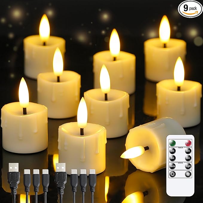 Rechargeable Flameless 1.6" x2.5" Tea Light Candles with Remote & Type-C Charging Cable, Timer LED Flickering Ivory Plastic 9pcs Mini Dripping Wax Votive Tealight Candles
