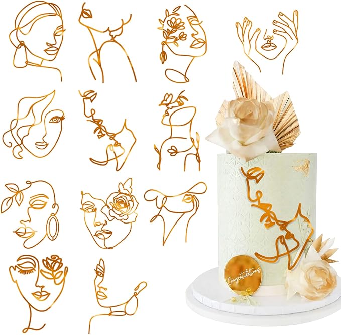 12 Pcs Acrylic Lady Face Cake Topper Minimalist Art Happy Birthday Cake Toppers Women Wedding Cake Decoration for Wedding Birthday Party (Gold)