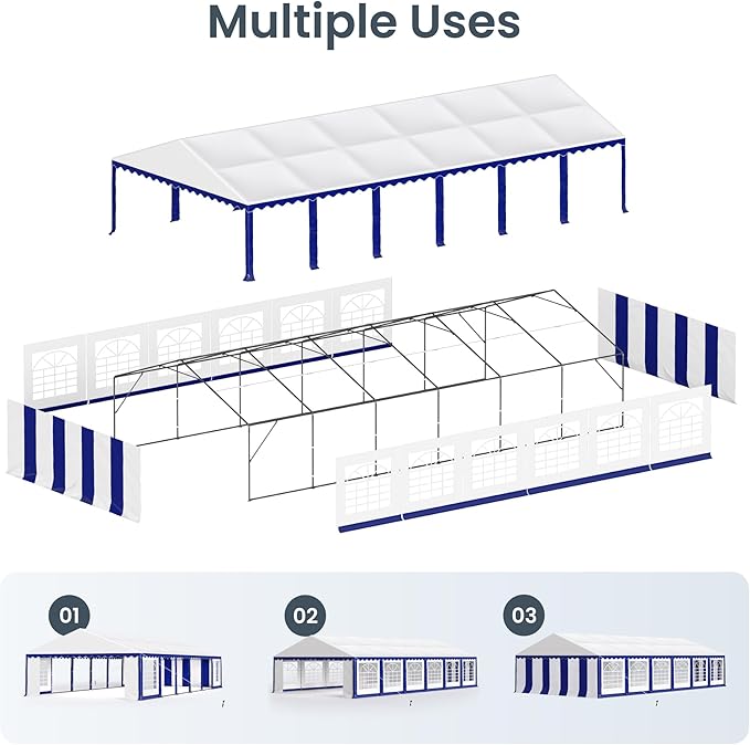PHI VILLA 40 ft. x 20 ft. Large Outdoor Canopy Wedding Party Tent with Removable Side Walls & 7 Storage Bags, White with Blue Stripes