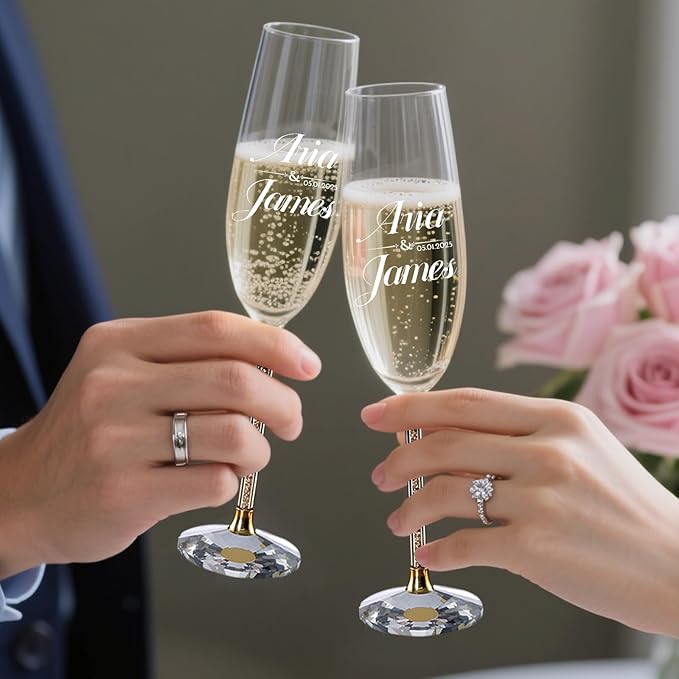 HJX Personalized Wedding Cake Knife and Server Set with Champagne Flutes, Custom Name Text Toasting Glasses for Bride and Groom, Cake Cutting Set Ideal Wedding Engagement Bridal Shower Gift