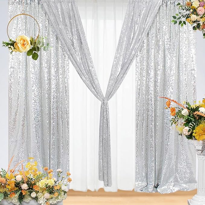 Eternal Beauty Silver Sequin Backdrop Curtains, Shimmer Back Drop 2Panels-2FTx8FT for Christmas, Party, Birthday, Photography, Wedding, Baby Shower Event Decoration