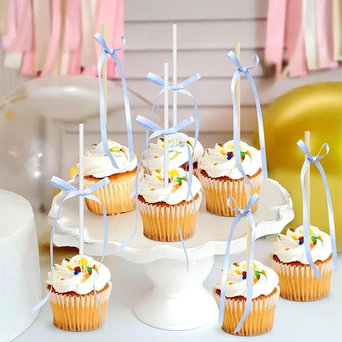 Ephlyn 30Pcs Bow Cupcake Toppers Valentine's Bowknot Ribbons Coquette Bow High Footed Cup Balloon Wall Party Decorations Cake Dessert Picks Birthday Wedding Party Supplies Blue