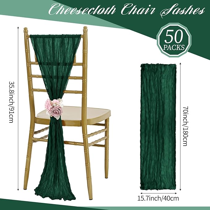 50 PCS Cheesecloth Chair Sashes, Bows Designed ChairSashes, 15.7x70 inch Chair Sashes for Aisle Decorations Universal Chairs Cover Decoration for Wedding Reception Party Banquet (Emerald Green)