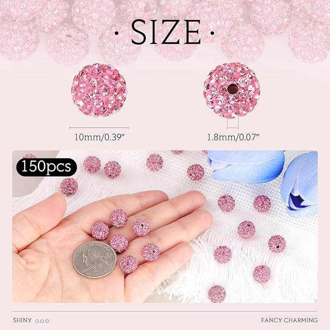 150pcs 10mm Rhinestone Beads for Jewelry Making, Dark Pink Shiny Round Shamballa Disco Ball Beads Bulk, Sparkle Crystal Clay Christmas for Bracelet Baseball Necklace Earring Crafting and DIY