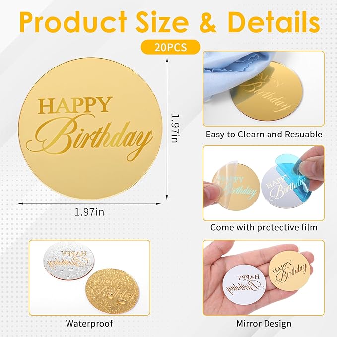 20 Pcs Acrylic Cupcake Toppers Circle Mirror Cake Toppers Disc Happy Birthday Cake Decoration Acrylic Engraved Cakes Picks Personalized Mirror Decoration for Birthday Party DIY Supplies
