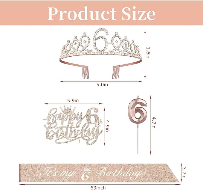 6th Birthday Decorations for Girl Including Sash, Crown, Numeral Candle and Cake Topper, 6 Year Old Birthday Decorations Rose Gold Party Favor Supplies