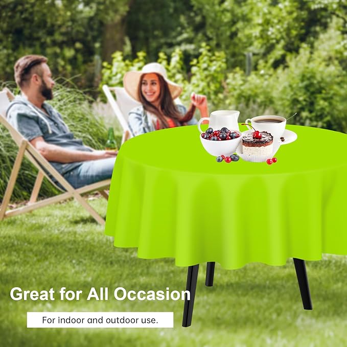 QIKSION Lime Green Round Tablecloth 3 Pack, 84 Inch Plastic Table Cover Disposable for Parties