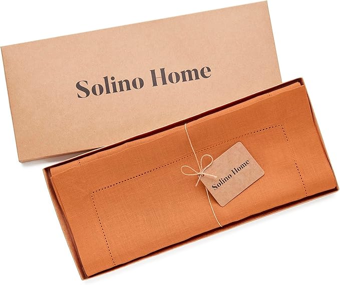 Solino Home Linen Pumpkin Table Runner 132 Inches Long - 100% Pure Linen Extra Long Table Runner 14 x 132 Inch - Classic Hemstitch - Fall, Autumn, Halloween, Thanksgiving, Holiday