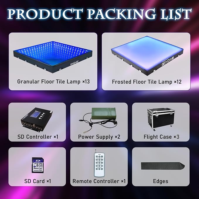 Dance Floor Stage Lights Tempered Glass Infinity Mirror Panel 3D Effect Led Dance Floor for Wedding Party Customizable (3D+RGB-Magnetic, 25PCS(8.2FTX8.2FT))