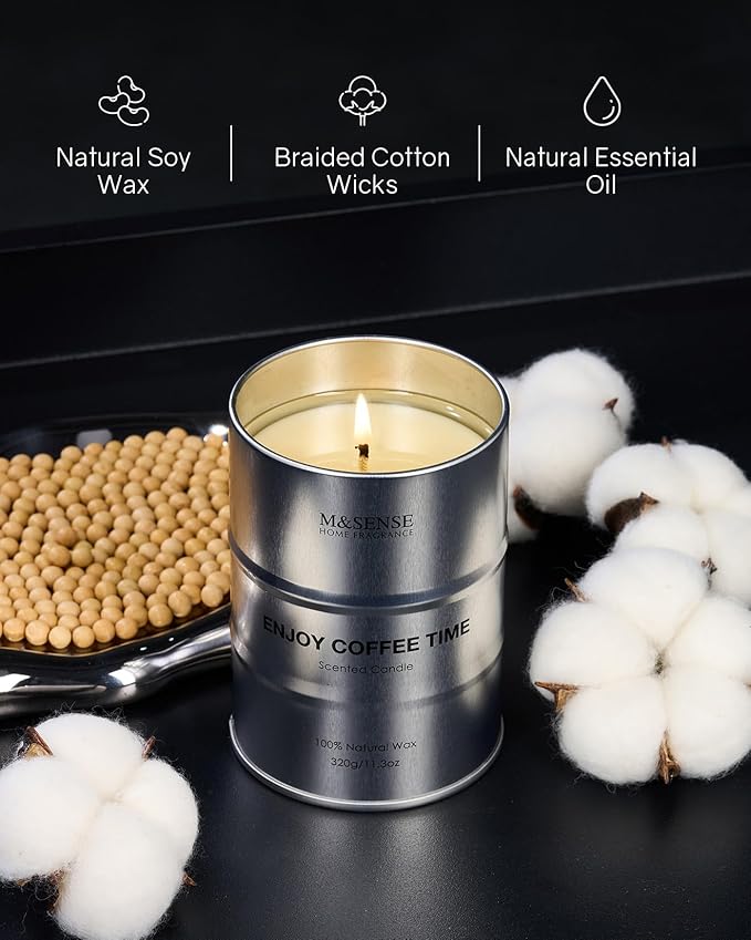 M&SENSE Scented Candle, Coffee Medium Jar Candle Gifts for Men, 70 Hours Slow Burning Natural Soy Candles 11.3oz, Stress Relief Aromatherapy Candles Home Decor, Valentines Day Gifts for Him