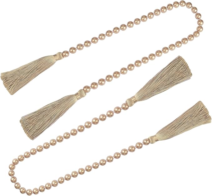 Fenghuangwu 34 Inch Pearl Glass Bead Garland with Tassels - Elegant Boho Table Decor, Fringe Wall Hanging for Wedding, Party, Farmhouse Rustic Prayer Bead Home Decoration(2 Pack,Champagne Gold)