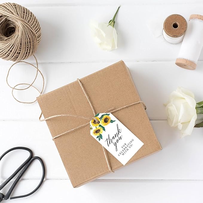 Andaz Press 100-Pack Thank You for Celebrating with Us Favor Tags Sunflowers Cardstock Gift Tags with Bakers Twine for Wedding Baby Shower Bridal Shower Birthday Party Favors 2 x 3.75-Inches