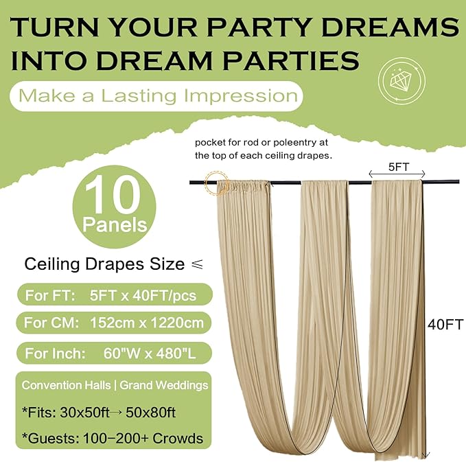 PartyVillage 50ftx40ft Beige Ceiling Curtain for Wedding Parties – 10 Panels Wrinkle-Free 40 FT Long Tent Draping Curtains for Wedding, Birthday & Theme Parties, 40ft Height with Rod Pocket