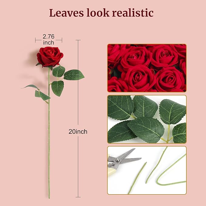 60Pcs Red Roses Artificial Flowers, Velvet Silk Faux Roses, Realistic Red Flowers for Wedding Centerpieces, Cake, Bridal Bouquets, Home Decor, Anniversary, Valentine's Day Decorations