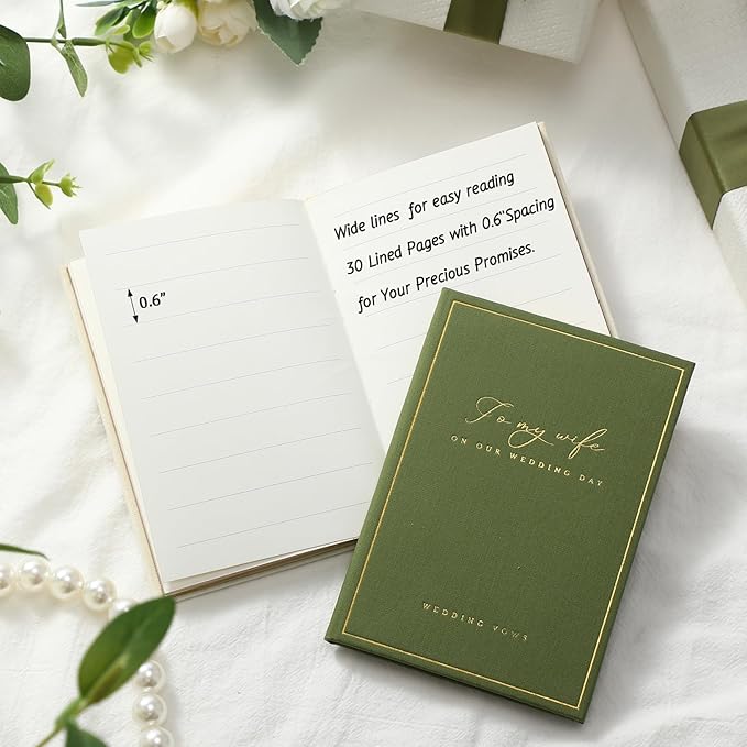 Engrowtic 2 Pcs Wedding Vow Books His and Her to Husband Wife Wedding Must Have Registry Ideas Gold Foil Lined Page Premium Engagement Gift for Guest Groom Newly Engaged Couple(Green-white)