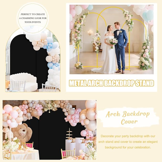 FUHSY 7.2FT Backdrop Arch Stand with Cover Set Metal Arch Backdrop Stand Stable Balloon Arched Frame and Black Arch Stand Cover Backdrop Cover for Arch Stands for Birthday Bridal Shower Ceremony Decor