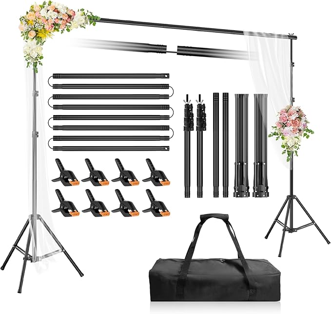 Backdrop Stand 10x6.6ft(WxH), Photo Studio Adjustable Background Stand Support System Kit with 8 Crossbars, 8 Clamps and Carrying Bag for Parties, Wedding, Photography, Decoration