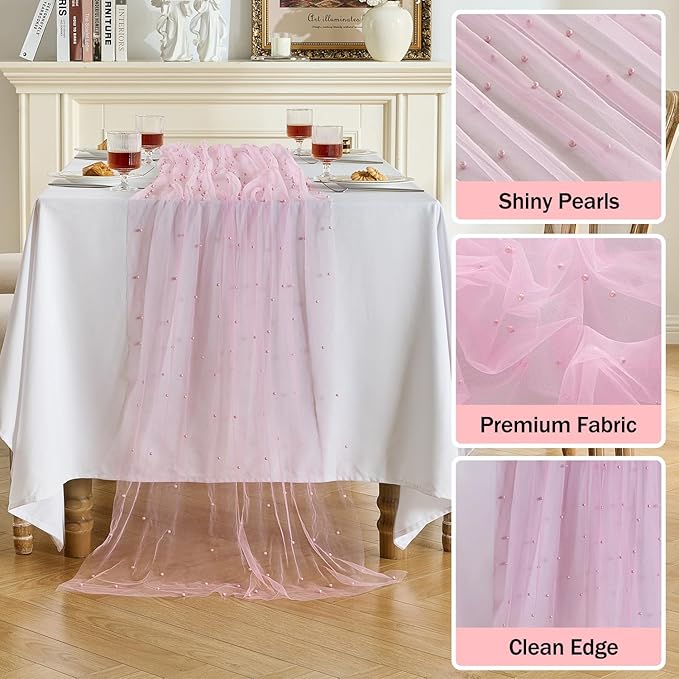 Fanami 1 Pack Pearl Table Runner -10FT Blush Pink Boho Tulle Table Runners 120 Inches Long Rustic Sheer Lace Fabric Centerpieces for Wedding Arch Birthday Party Bridal Veil Baby Shower Decorations