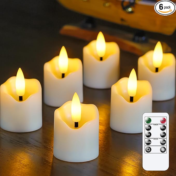 6 Pack Battery Operated Auto Daily Timer Ivory Plastic LED Flameless Votive Candles, Long Runtime 1.6" x2.3" Flickering Tealight Candles with Remote Control