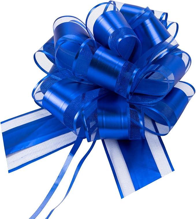 12 PCS 6 Inch Large Pull Organza Blue Bows - Perfect for Gift Wrapping, Wedding Decor, Car Bows, Birthday Parties, Christmas and Valentine's Day