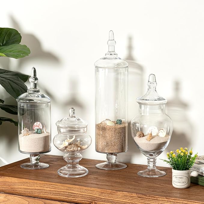 MyGift 4 Piece Set Clear Glass Apothecary Jars with Lids, Bathroom Decor, Candy Buffet, Wedding Centerpiece Decorative Jar