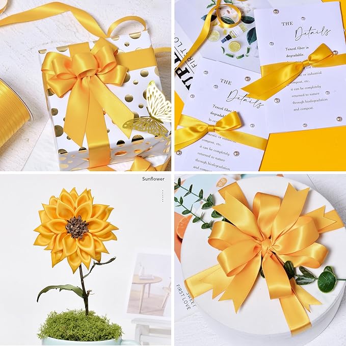 5/8 Inch Yellow Satin Ribbon 50 Yards Solid Fabric Ribbons for Gift Wrapping, Crafts and DIY Projects, Bows Making, Wedding, Party, Holiday Decor
