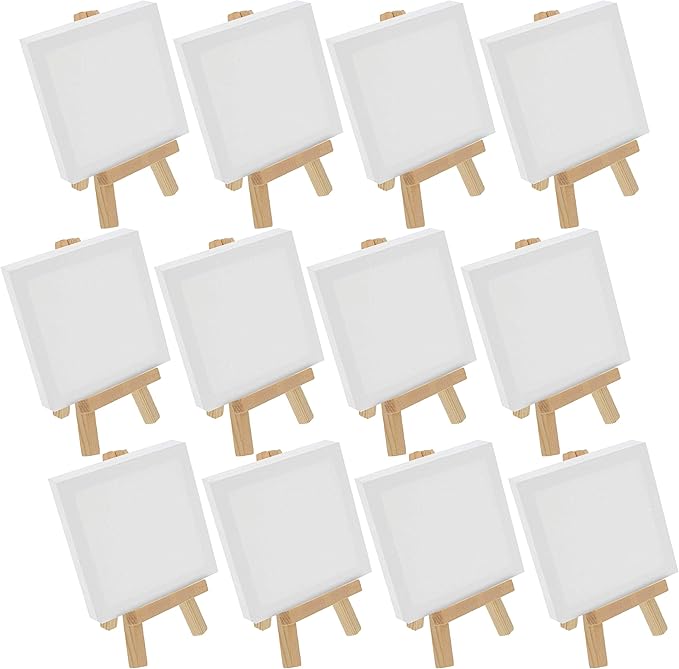 U.S. Art Supply 3" x 3" Stretched Canvas with 5" Mini Easel Kit (12 Pack) - Natural Wooden A-Frame Tabletop Display Stand, Mini Easel Stand - Small Easels for Display, Small Canvases, Crafts, Photos
