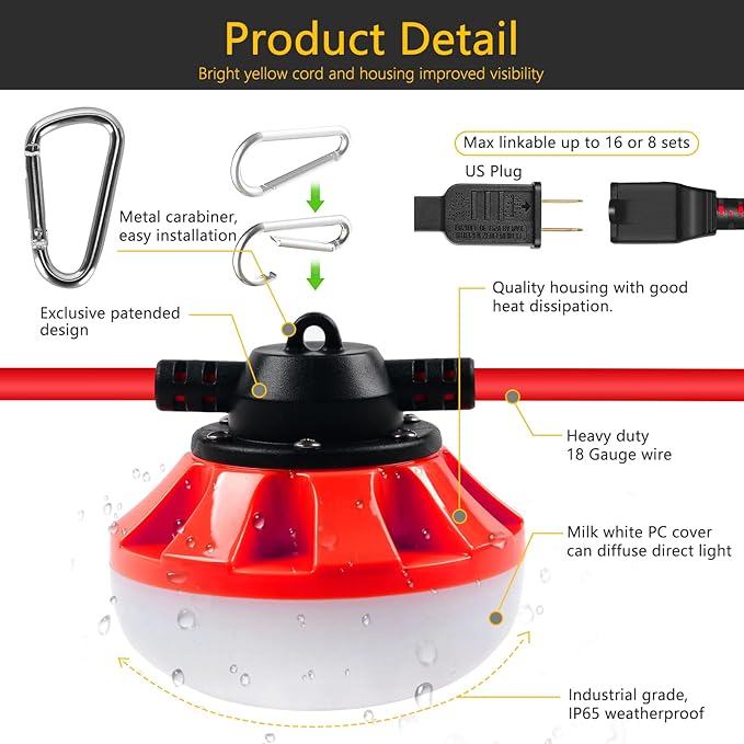 50FT LED Construction String Lights Temporary Lighting 5000LM Outdoor Construction Temporary Work Lights Super Bright,5 Medium Base Sockets Linkable Job Site Lighting Led Work Lights
