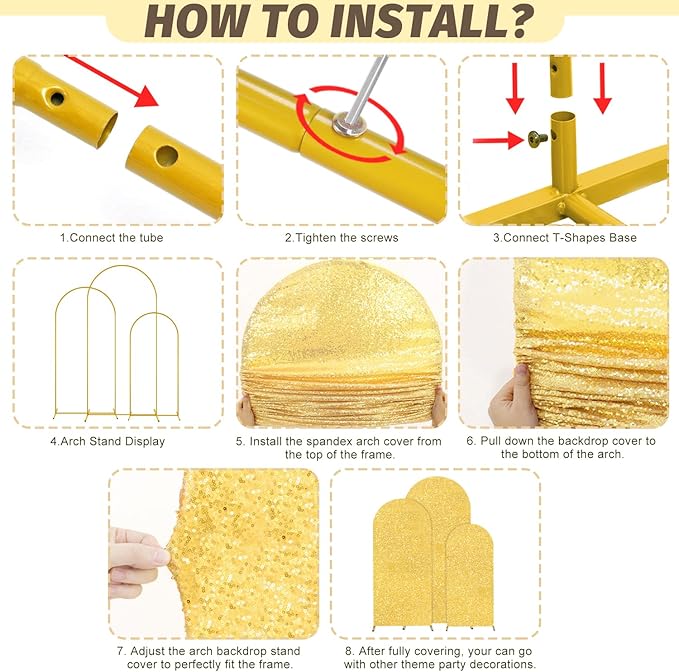 MODFUNS Arch Backdrop Stand and Cover Set 4&5&6ft Gold Sequin Arch Stand Cover Metal Arch Frame Vintage Backdrop Stands for Baby Shower Birthday Party Ceremony Decoration