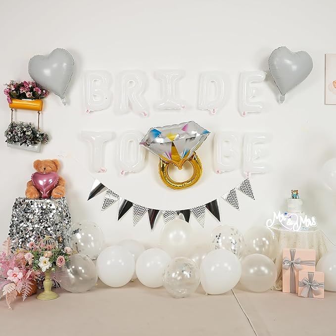 White Bachelorette Party Decorations, White Bride To Be Bridal Shower Balloons Decorations, Silver Confetti Balloon with Diamond Ring Heart Balloon for Bachelorette Engagement Wedding