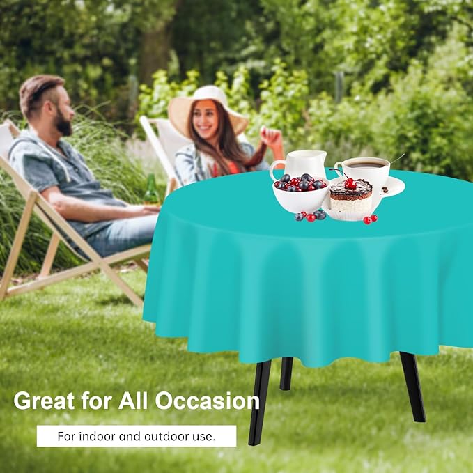 QIKSION Aqua Blue Round Tablecloth 12 Pack, 84 Inch Plastic Table Cover Disposable for Parties