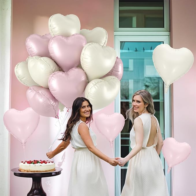 12 Pcs Heart Balloons, 18 inch Pink White Heart Shaped Balloons, Big Foil Helium Balloon, Retro Pink Love Foil Balloon for Wedding Baby Shower Valentine Party Decorations