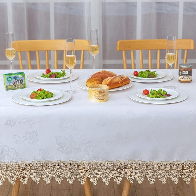 Beige lace Premium Rectangle Farmhouse Tablecloth Waterproof OilProof SpillProof AntiShrink Soft Wrinkle Resistant Decorative Fabric Table Cover Kitchen Dinning Party Wedding Banquet